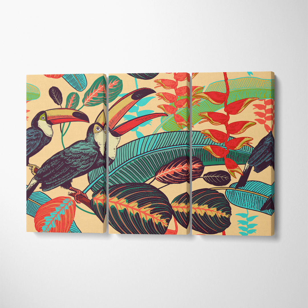 Toucans with Tropical Leaves and Flowers Canvas Print ArtLexy 3 Panels 36"x24" inches 