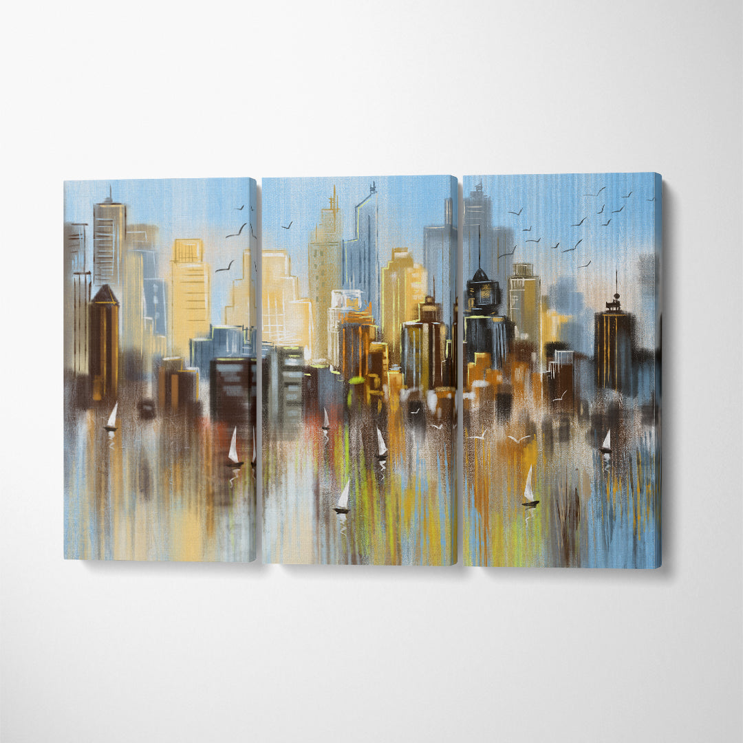 Abstract City Reflected in Water with Sailboats Canvas Print ArtLexy 3 Panels 36"x24" inches 