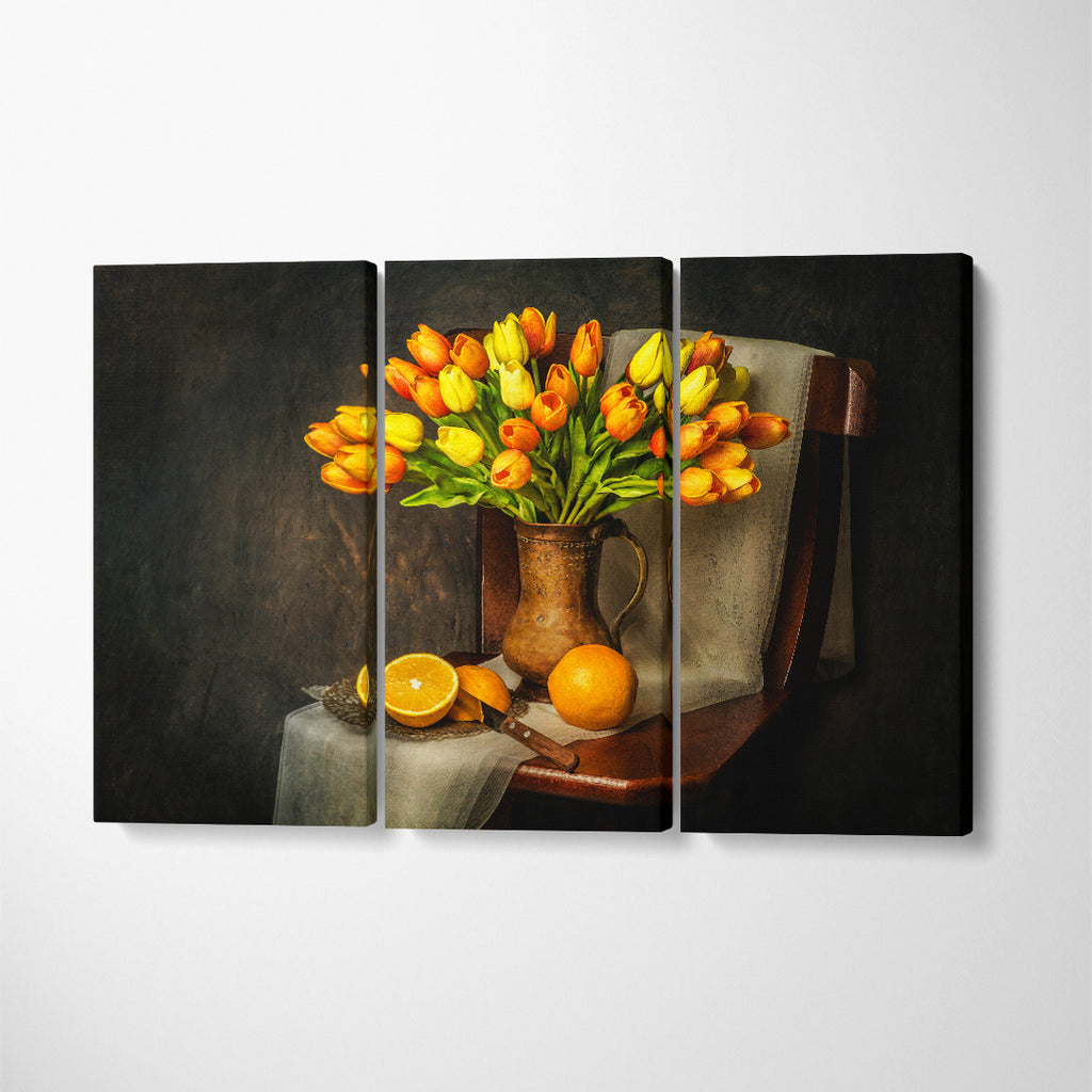 Still Life Yellow Tulips Flowers Canvas Print ArtLexy 3 Panels 36"x24" inches 