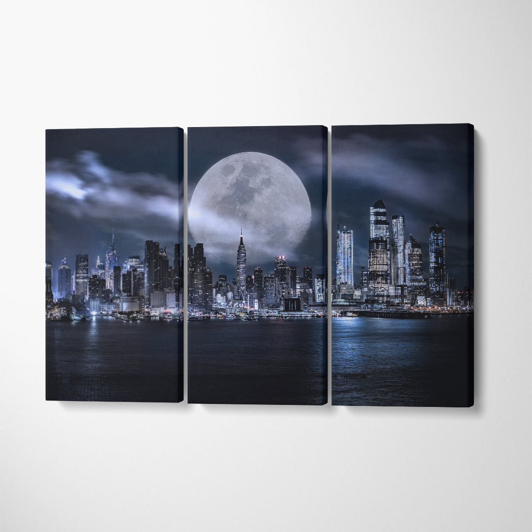 Manhattan Skyline at Dusk with Huge Moon New York USA Canvas Print ArtLexy 3 Panels 36"x24" inches 