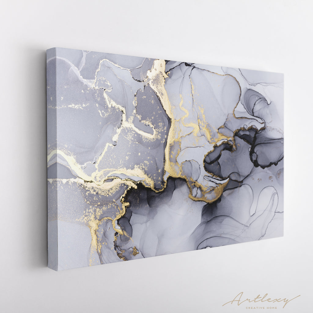 Abstract Marble Wall Art Canvas Print Gray W Gold Veins. Abstract