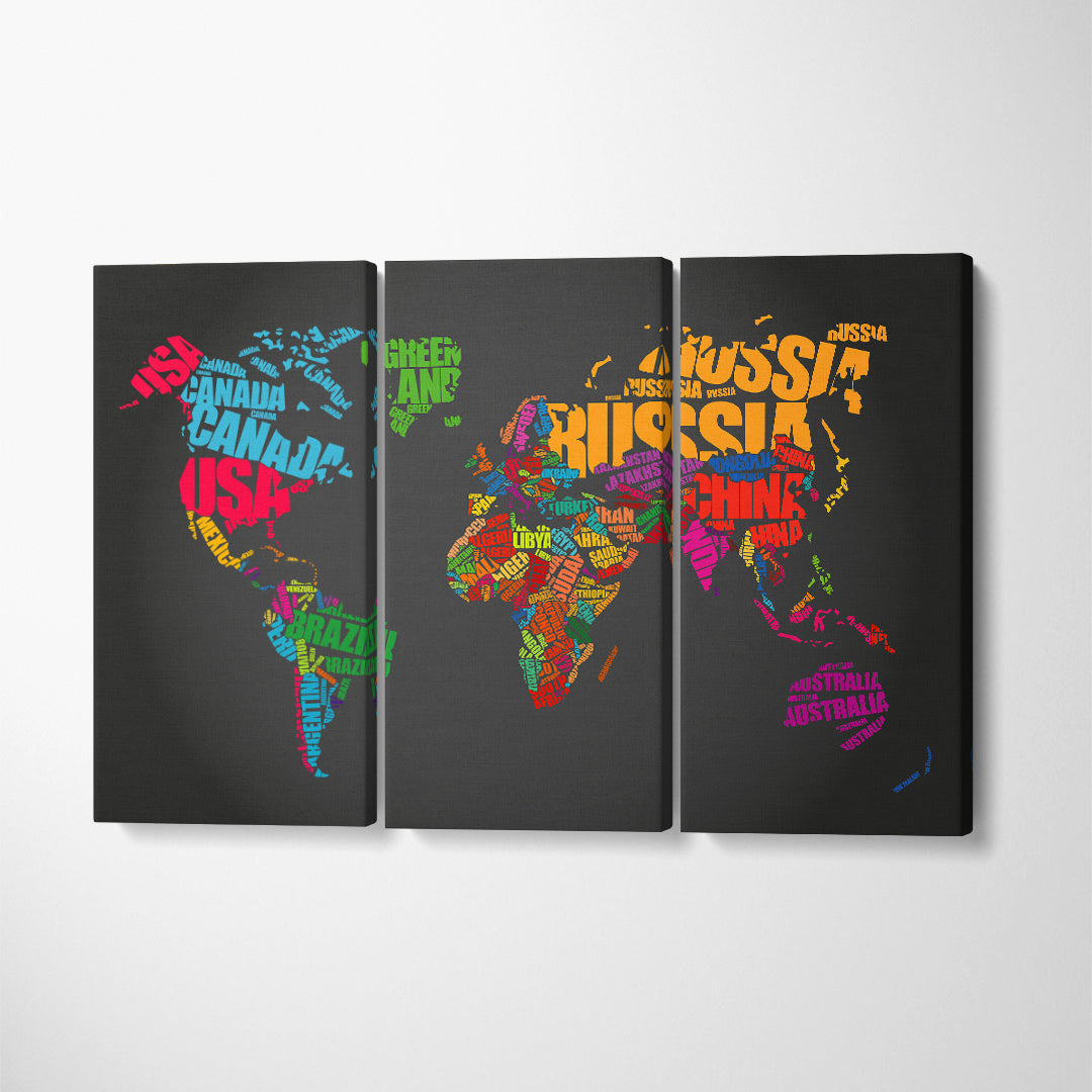 World Map with Countries Names Canvas Print ArtLexy 3 Panels 36"x24" inches 