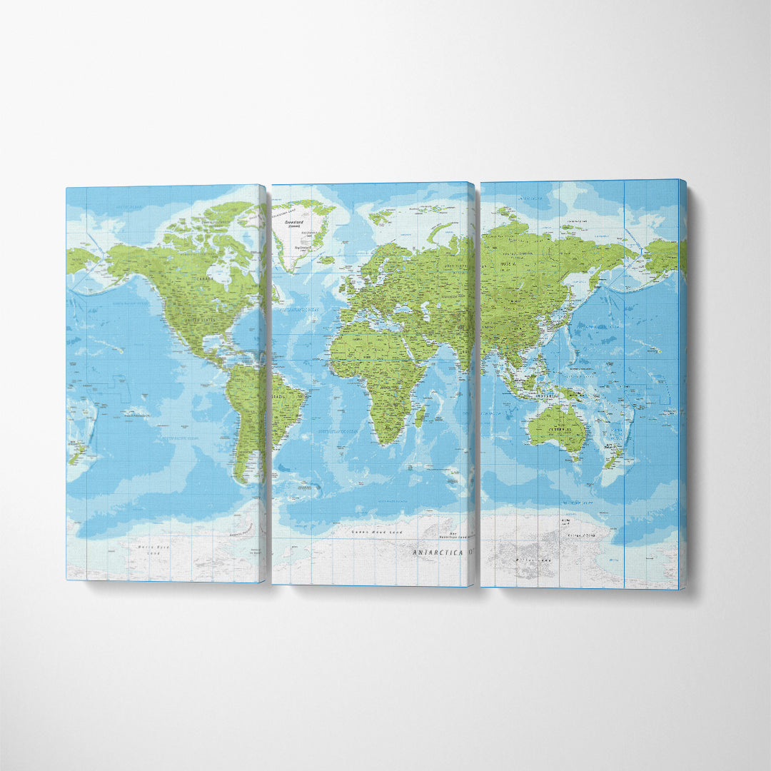 Detailed Topographic World Map Canvas Print ArtLexy 3 Panels 36"x24" inches 