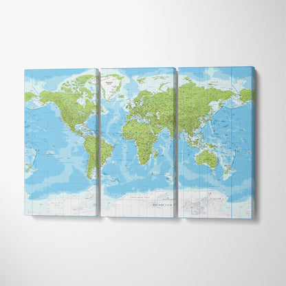 Detailed Topographic World Map Canvas Print ArtLexy 3 Panels 36"x24" inches 