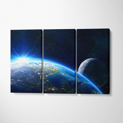 Horizon Planet Earth with Moon Canvas Print ArtLexy 3 Panels 36"x24" inches 