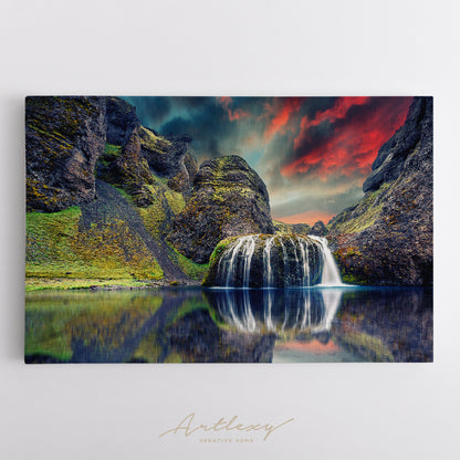 Stjornarfoss Waterfall at Sunset, Iceland Landscape Canvas Print ArtLexy   