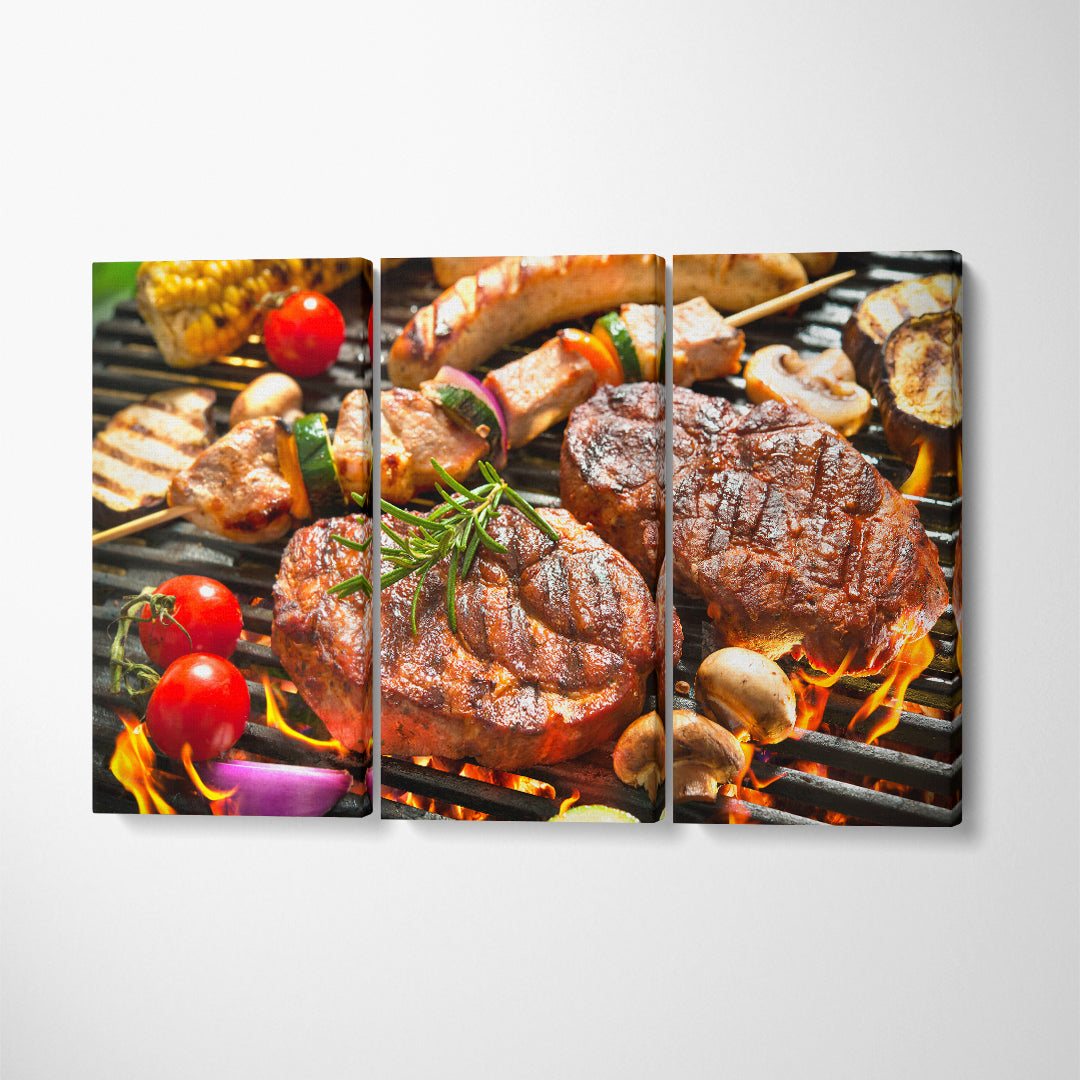 Grilled Meat with Vegetables Canvas Print ArtLexy 3 Panels 36"x24" inches 