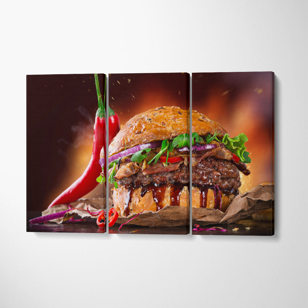 Chilli Hamburger Canvas Print ArtLexy 3 Panels 36"x24" inches 