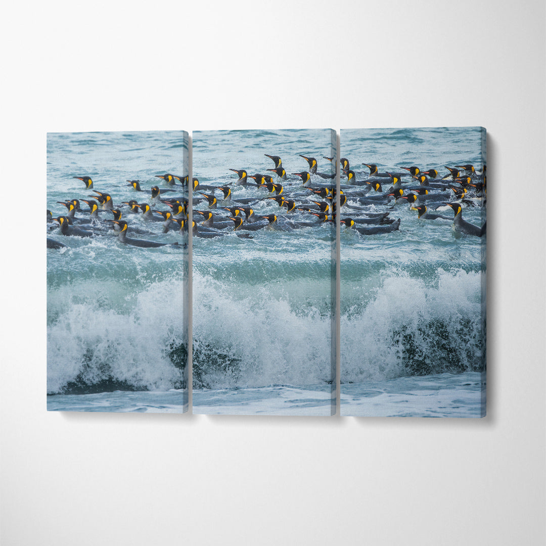 King Penguins Swimming in Waves Canvas Print ArtLexy 3 Panels 36"x24" inches 