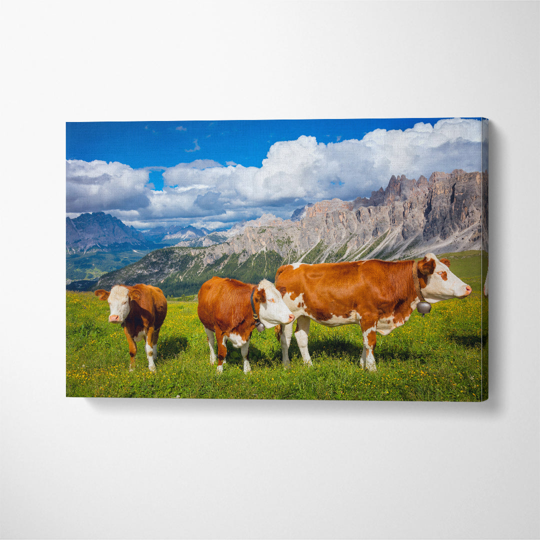 Cows in Alps Mountains Canvas Print ArtLexy 1 Panel 24"x16" inches 