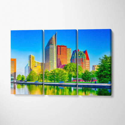 Hague Skyscrapers Skyline at Blue Hour in Netherlands Canvas Print ArtLexy 3 Panels 36"x24" inches 