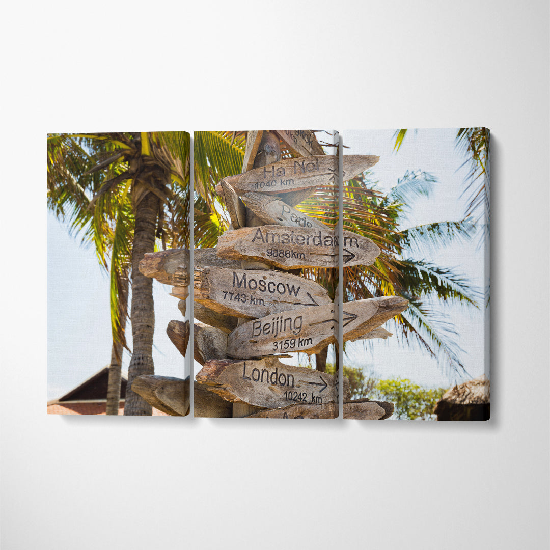 Distance Sign on Beach Canvas Print ArtLexy 3 Panels 36"x24" inches 