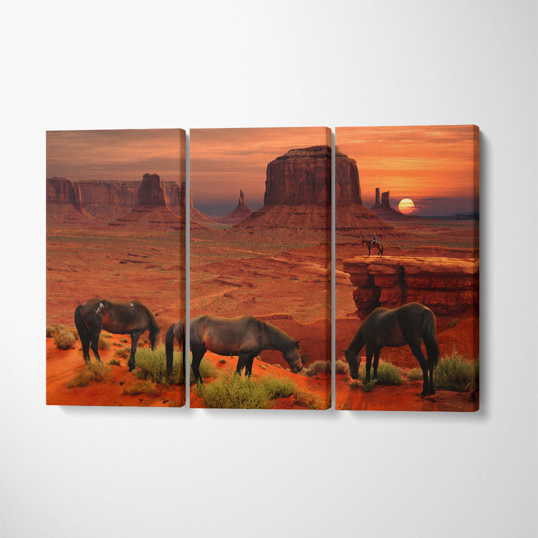 Horses at Monument Valley Tribal Park Arizona USA Canvas Print ArtLexy 3 Panels 36"x24" inches 