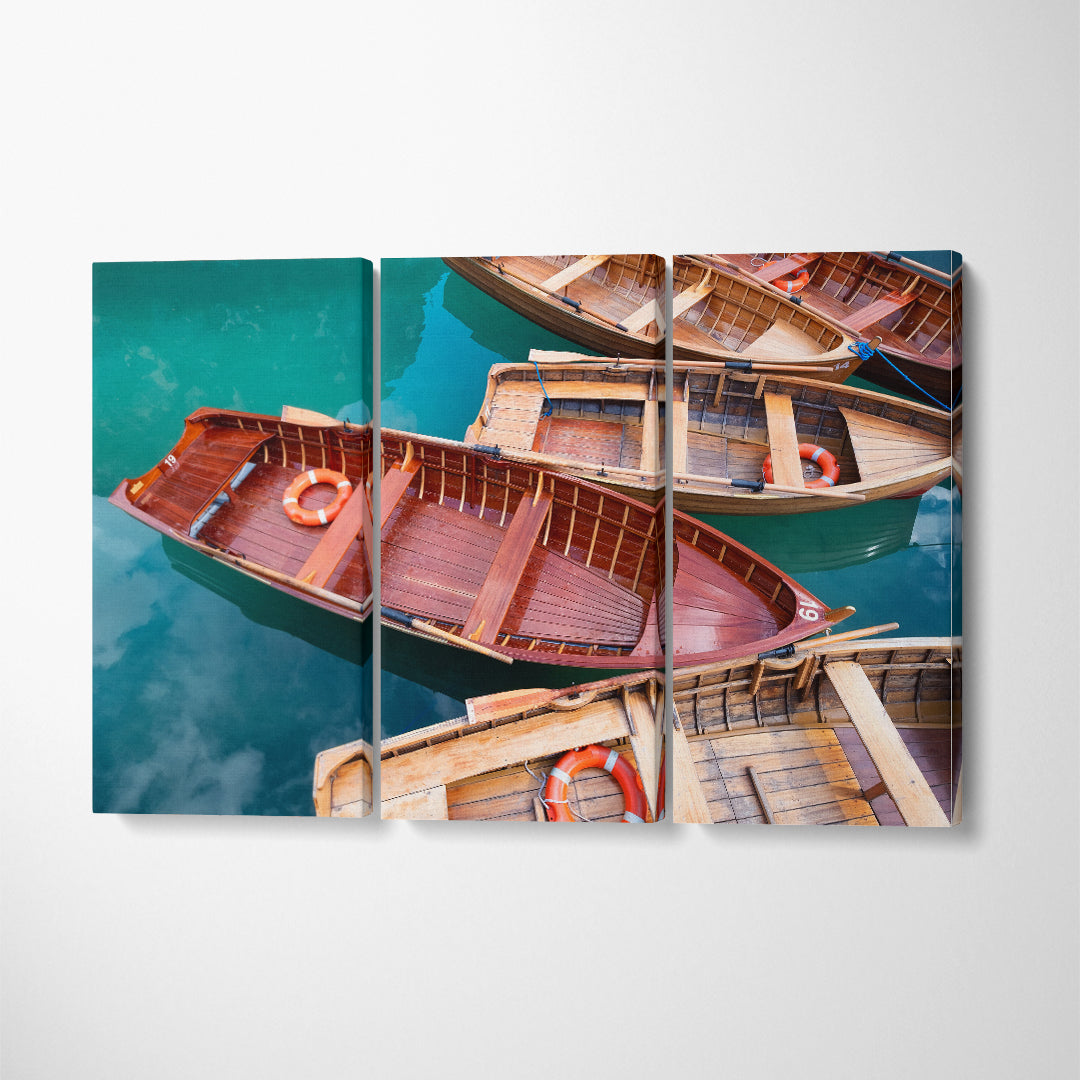 Boats on Braies Lake Dolomites Alps Italy Canvas Print ArtLexy 3 Panels 36"x24" inches 