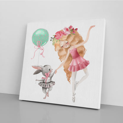 Little Ballerina Dancing with Bunny Canvas Print ArtLexy 1 Panel 12"x12" inches 