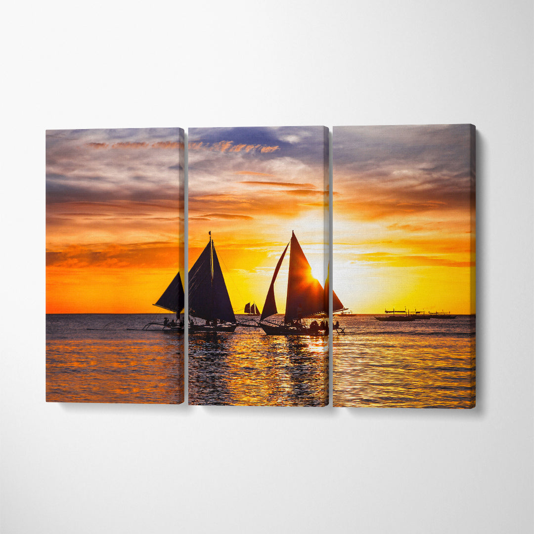 Amazing Sunset with Sailing Boats Canvas Print ArtLexy 3 Panels 36"x24" inches 