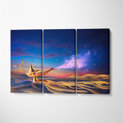 Genie Lamp of Wishes In Desert Canvas Print ArtLexy 3 Panels 36"x24" inches 