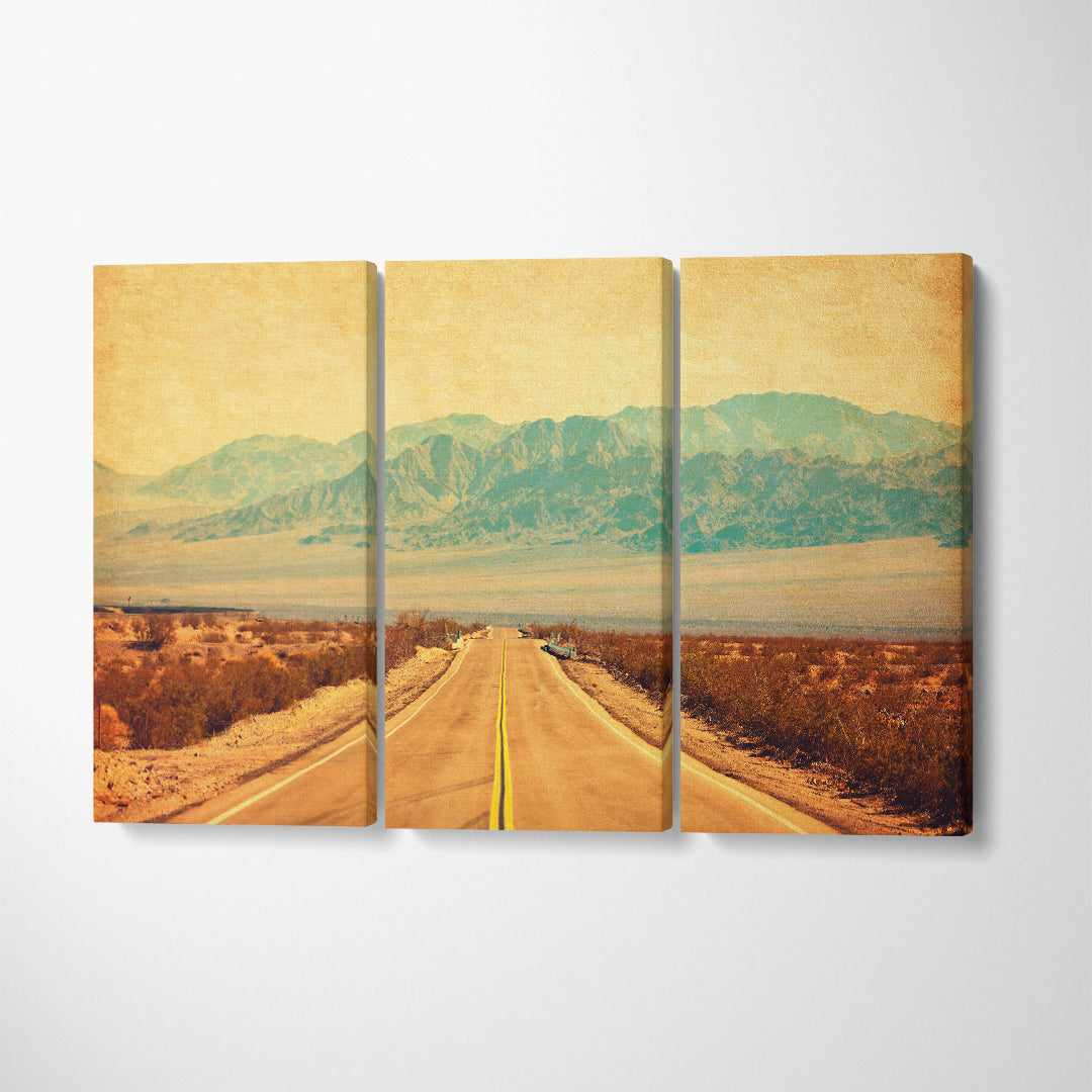 Retro Route 66 Crossing Mojave Desert California Canvas Print ArtLexy 3 Panels 36"x24" inches 