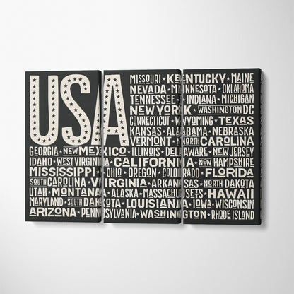 United States of America Flag with States Canvas Print ArtLexy 3 Panels 36"x24" inches 