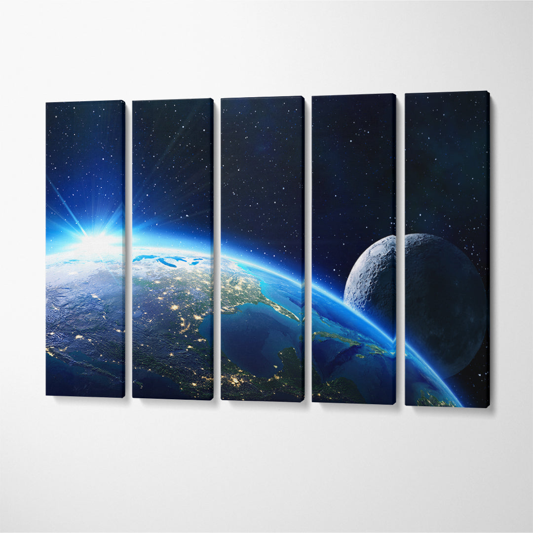 Horizon Planet Earth with Moon Canvas Print ArtLexy 5 Panels 36"x24" inches 