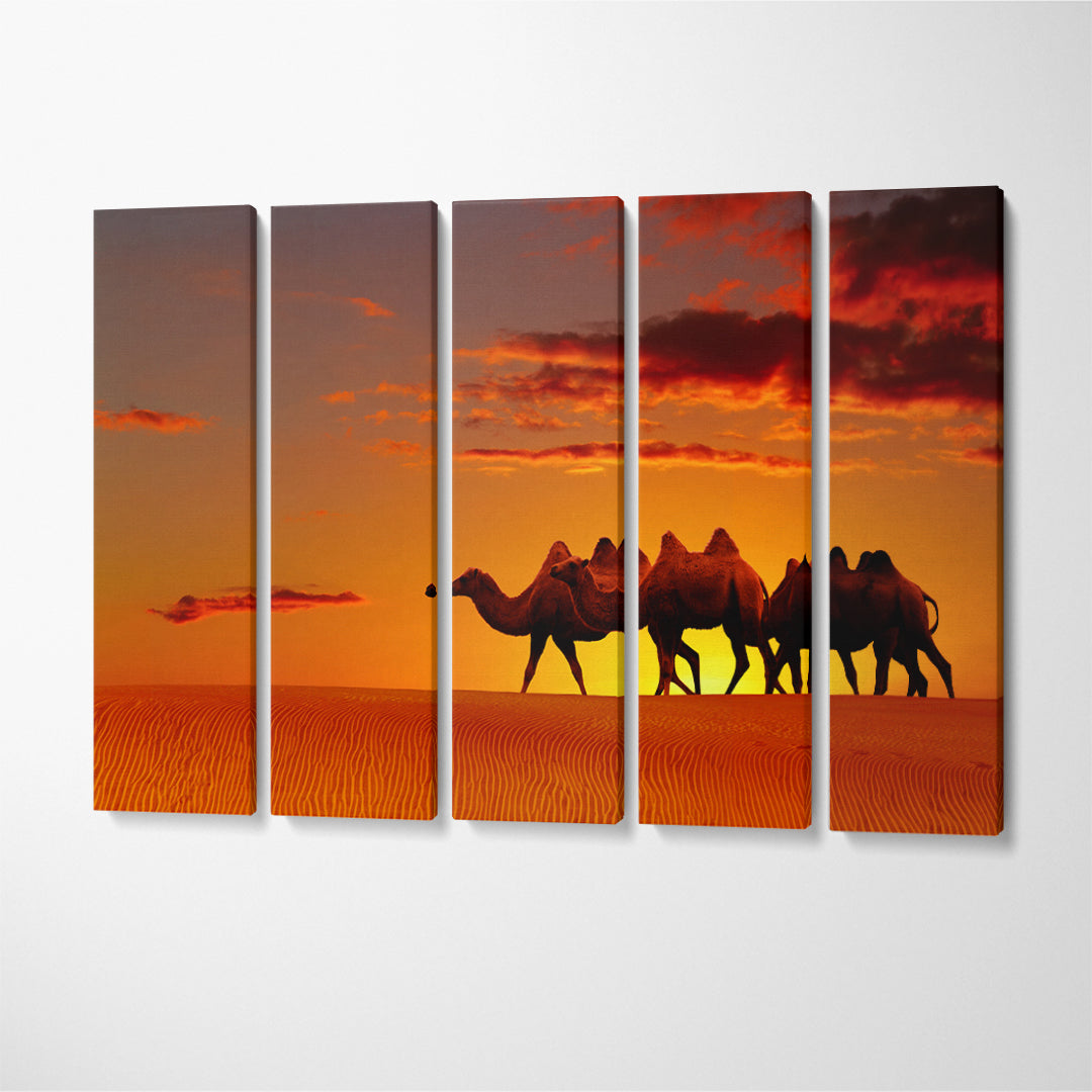 Camels in Desert at Sunset Canvas Print ArtLexy 5 Panels 36"x24" inches 