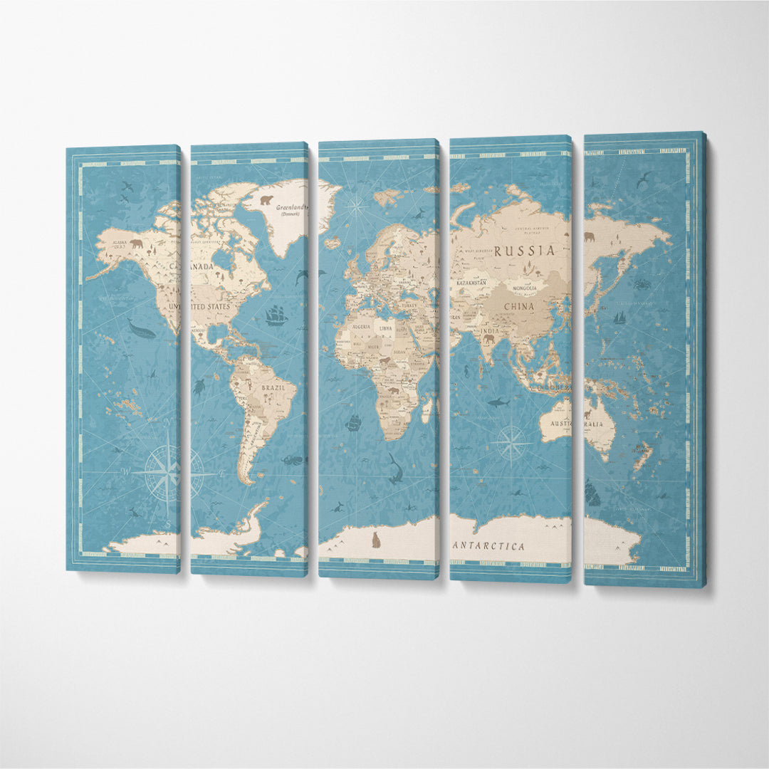 Blue and Beige Vintage World Map Canvas Print ArtLexy 5 Panels 36"x24" inches 