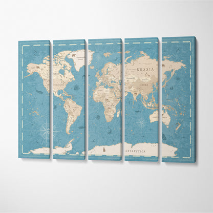 Blue and Beige Vintage World Map Canvas Print ArtLexy 5 Panels 36"x24" inches 