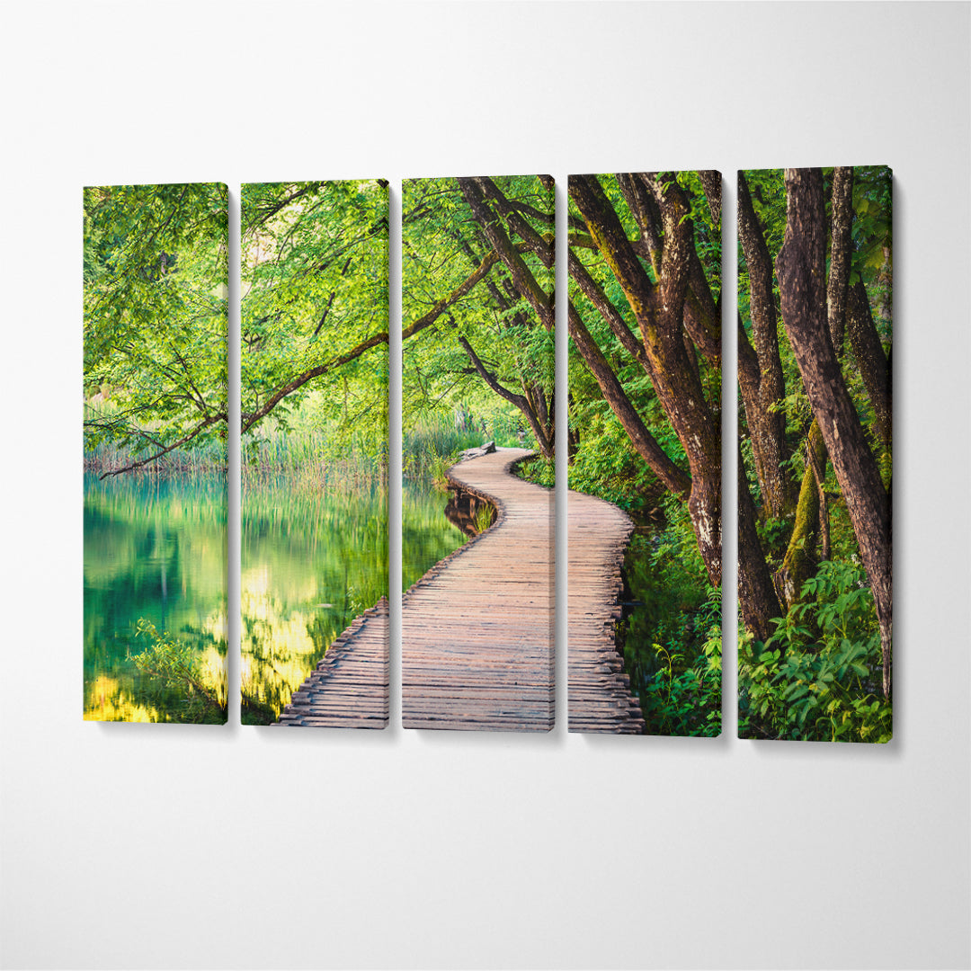 Wooden Bridge in Plitvice National Park Croatia Canvas Print ArtLexy 5 Panels 36"x24" inches 