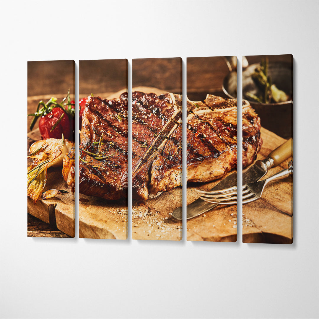 Succulent Grilled T-bone Steak Canvas Print ArtLexy 5 Panels 36"x24" inches 
