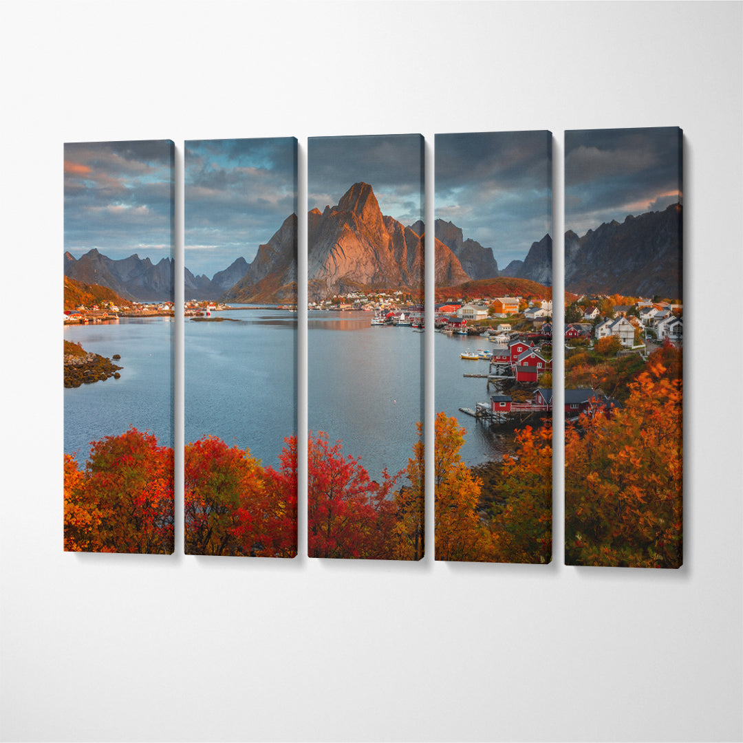 Lofoten in Autumn Norway Landscapes with Mountains Canvas Print ArtLexy 5 Panels 36"x24" inches 