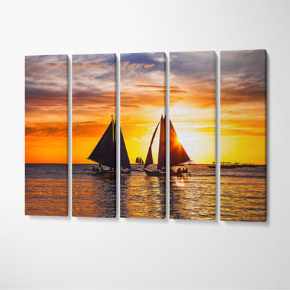Amazing Sunset with Sailing Boats Canvas Print ArtLexy 5 Panels 36"x24" inches 