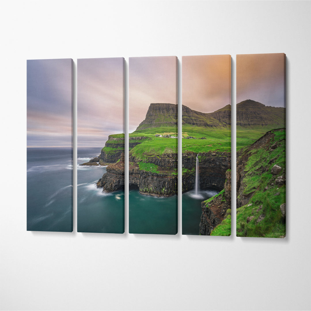 Gasadalur Village and Mulafossur Waterfall Faroe Islands Canvas Print ArtLexy 5 Panels 36"x24" inches 