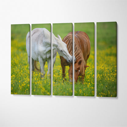 Horses on Flowers Field Canvas Print ArtLexy 5 Panels 36"x24" inches 