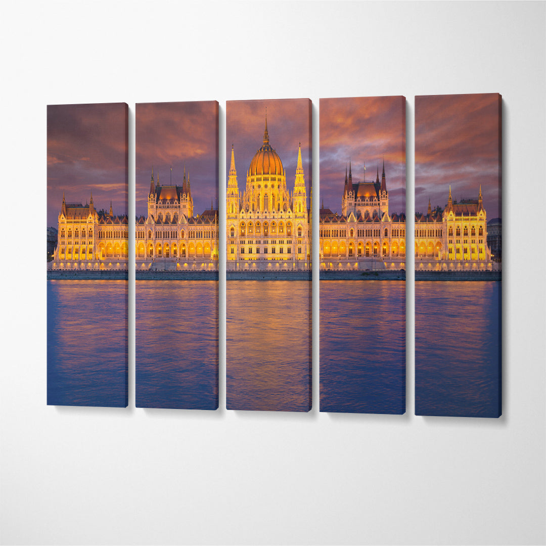 Hungarian Parliament Building along river Danube Canvas Print ArtLexy 3 Panels 36"x24" inches 