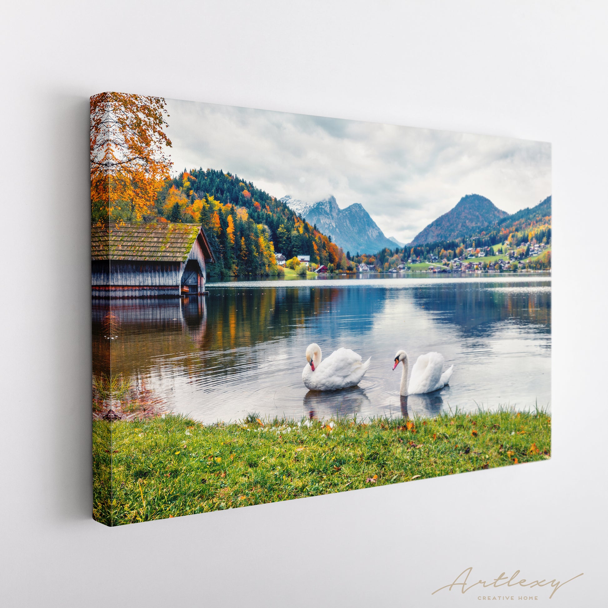 Swans on Grundlsee Lake Alps Canvas Print ArtLexy   