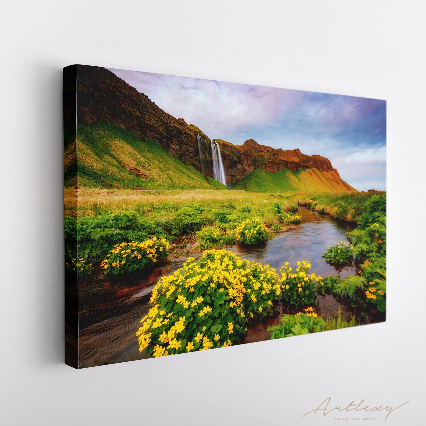 Blooming Green Field and Seljalandsfoss Waterfall Iceland Canvas Print ArtLexy   