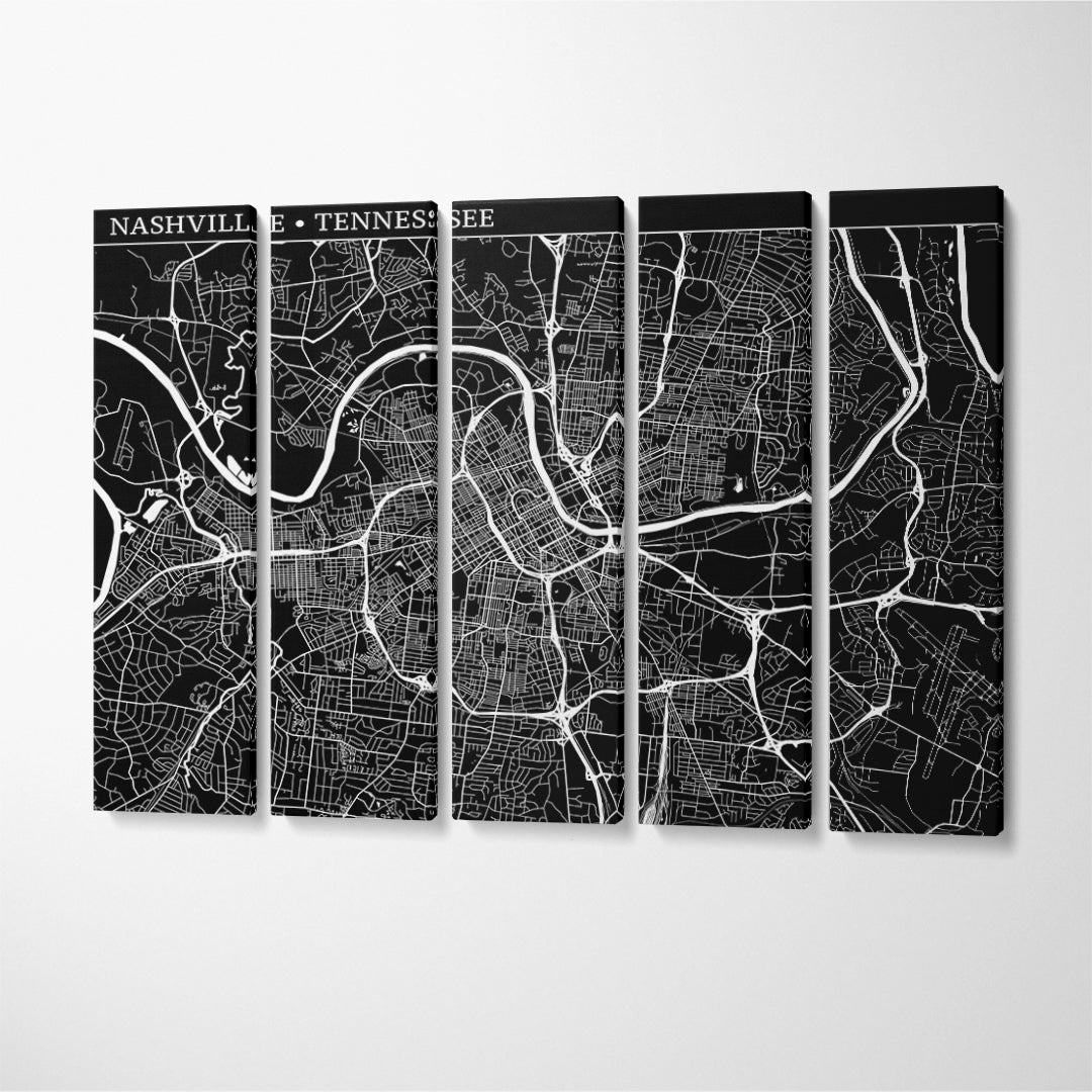 Abstract Map of Nashville Tennessee USA Canvas Print ArtLexy 5 Panels 36"x24" inches 