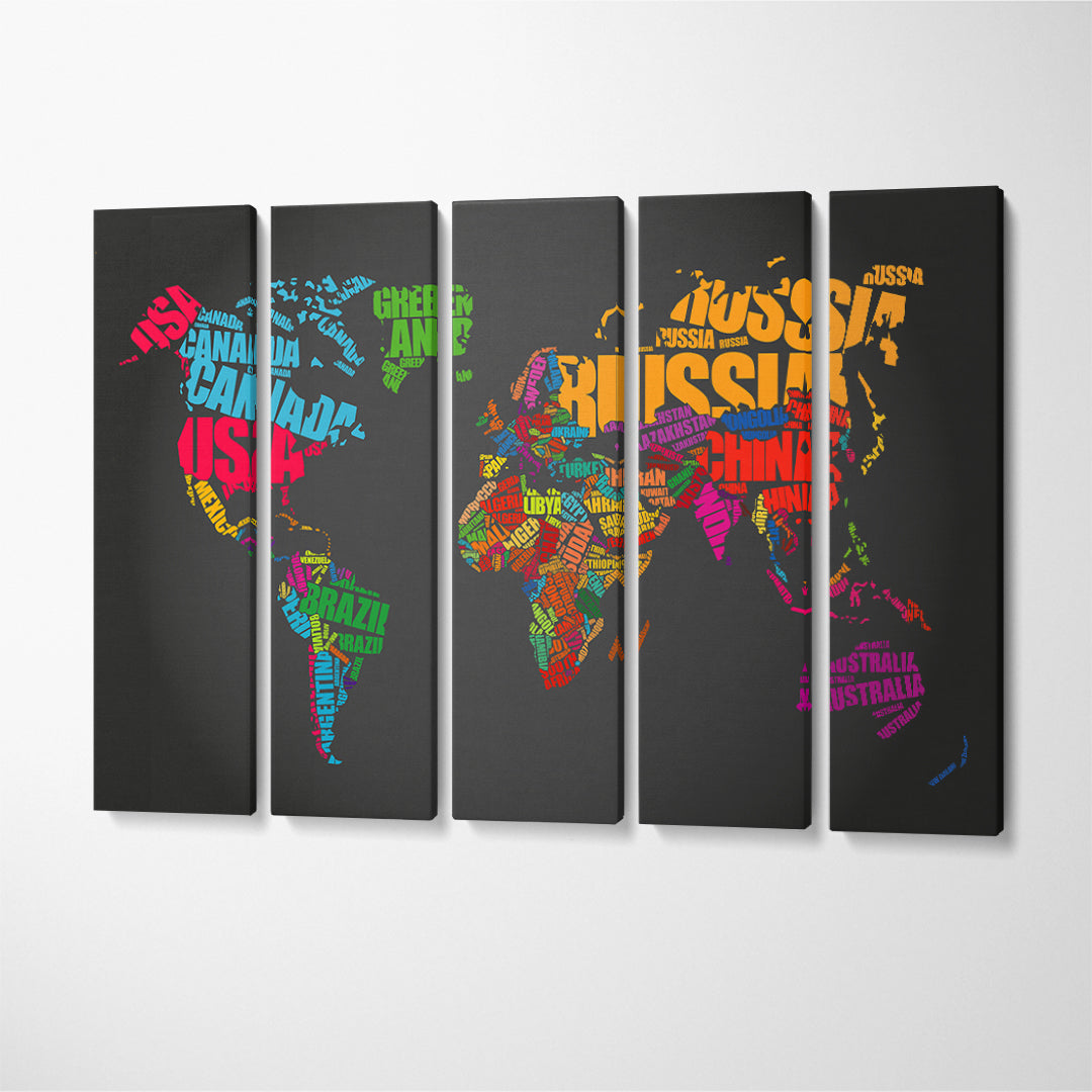 World Map with Countries Names Canvas Print ArtLexy 5 Panels 36"x24" inches 