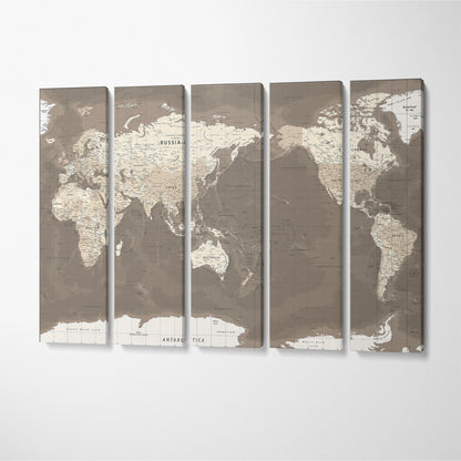 Political Topographic World Map Canvas Print ArtLexy 5 Panels 36"x24" inches 