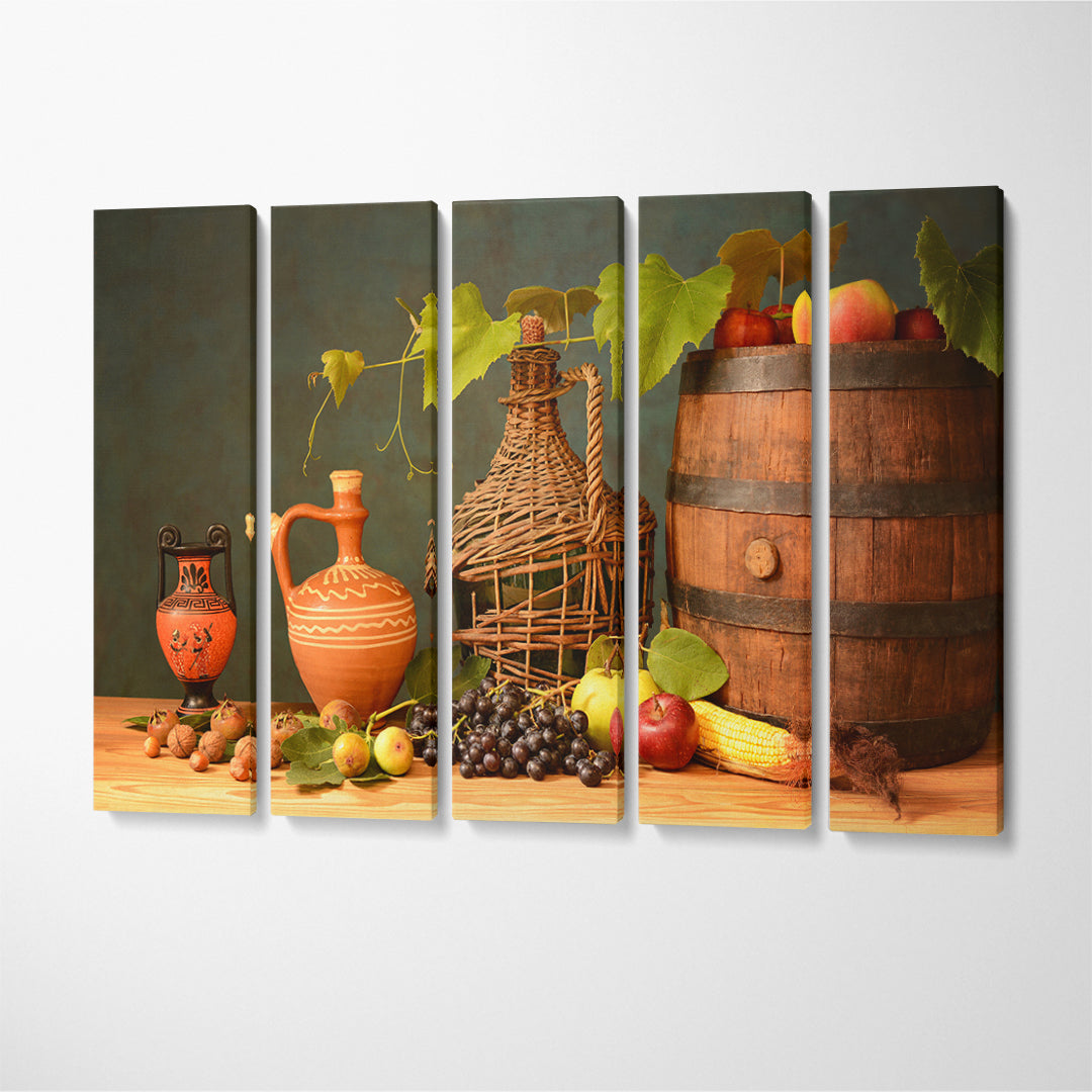 Still Life Wooden Wine Barrel and Grapes Canvas Print ArtLexy 5 Panels 36"x24" inches 