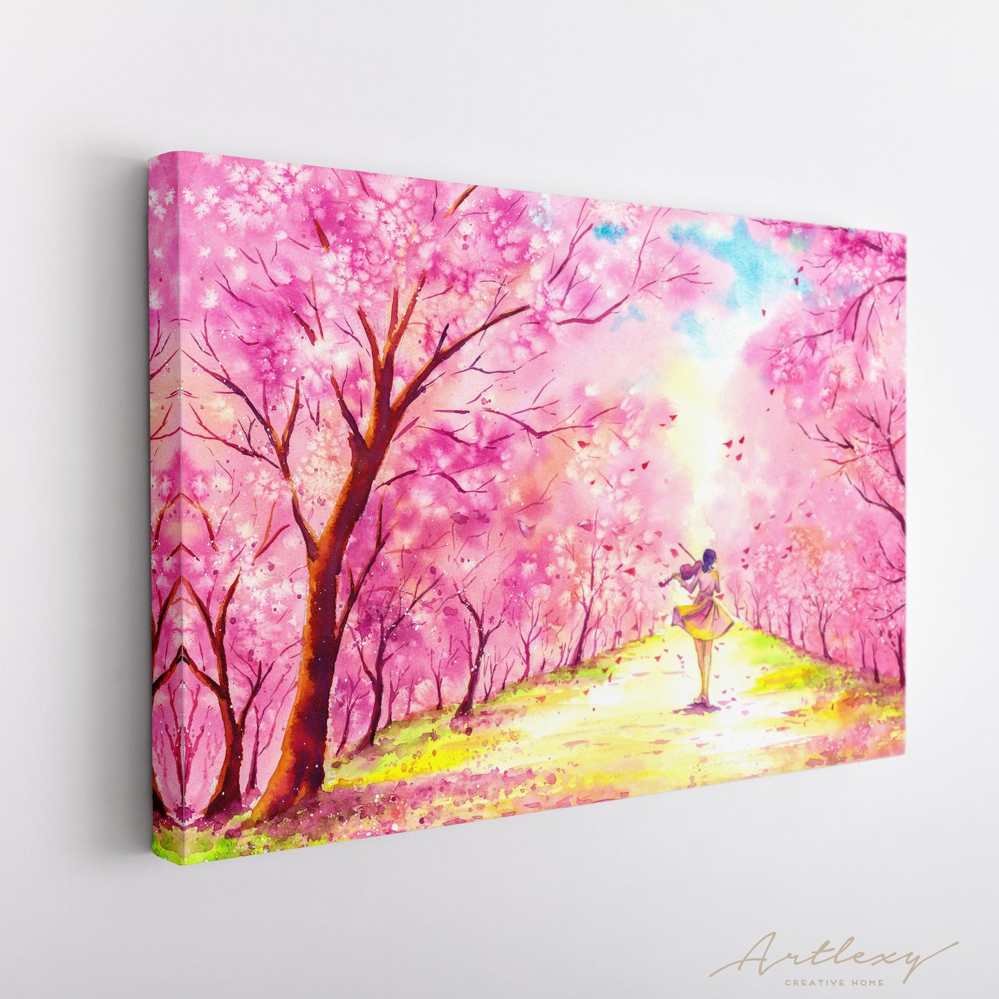 Landscape with Violinist and  Blooming Cherry Trees Canvas Print ArtLexy   