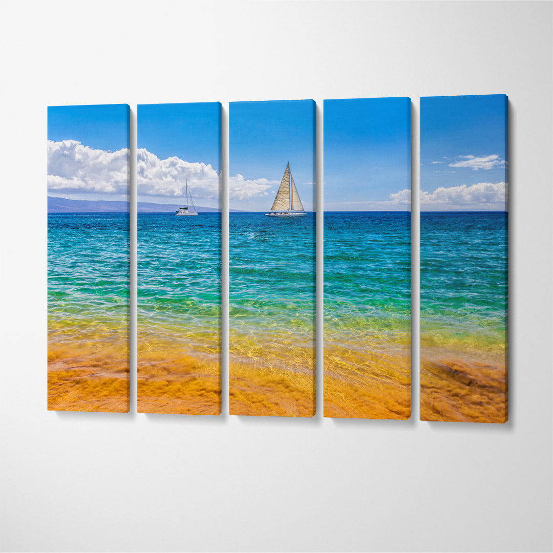 Beautiful Beach with Clear Water and Sailboats Canvas Print ArtLexy 5 Panels 36"x24" inches 