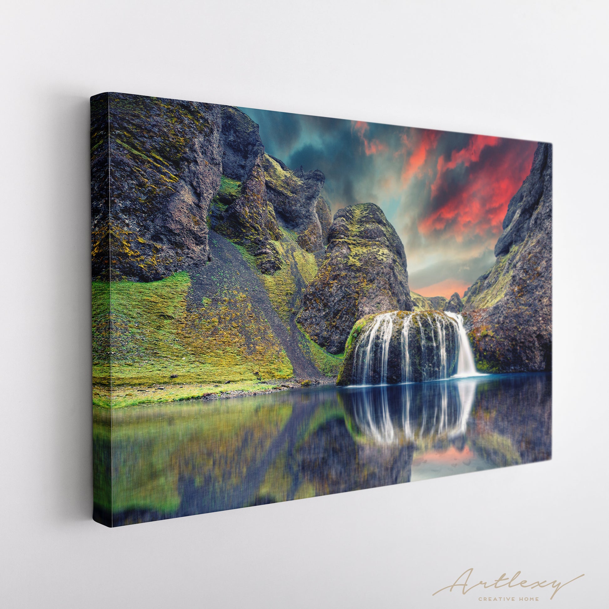 Stjornarfoss Waterfall at Sunset, Iceland Landscape Canvas Print ArtLexy   