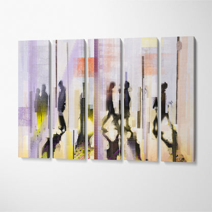 Abstract Colorful Urban Street with People Silhouettes Canvas Print ArtLexy 5 Panels 36"x24" inches 