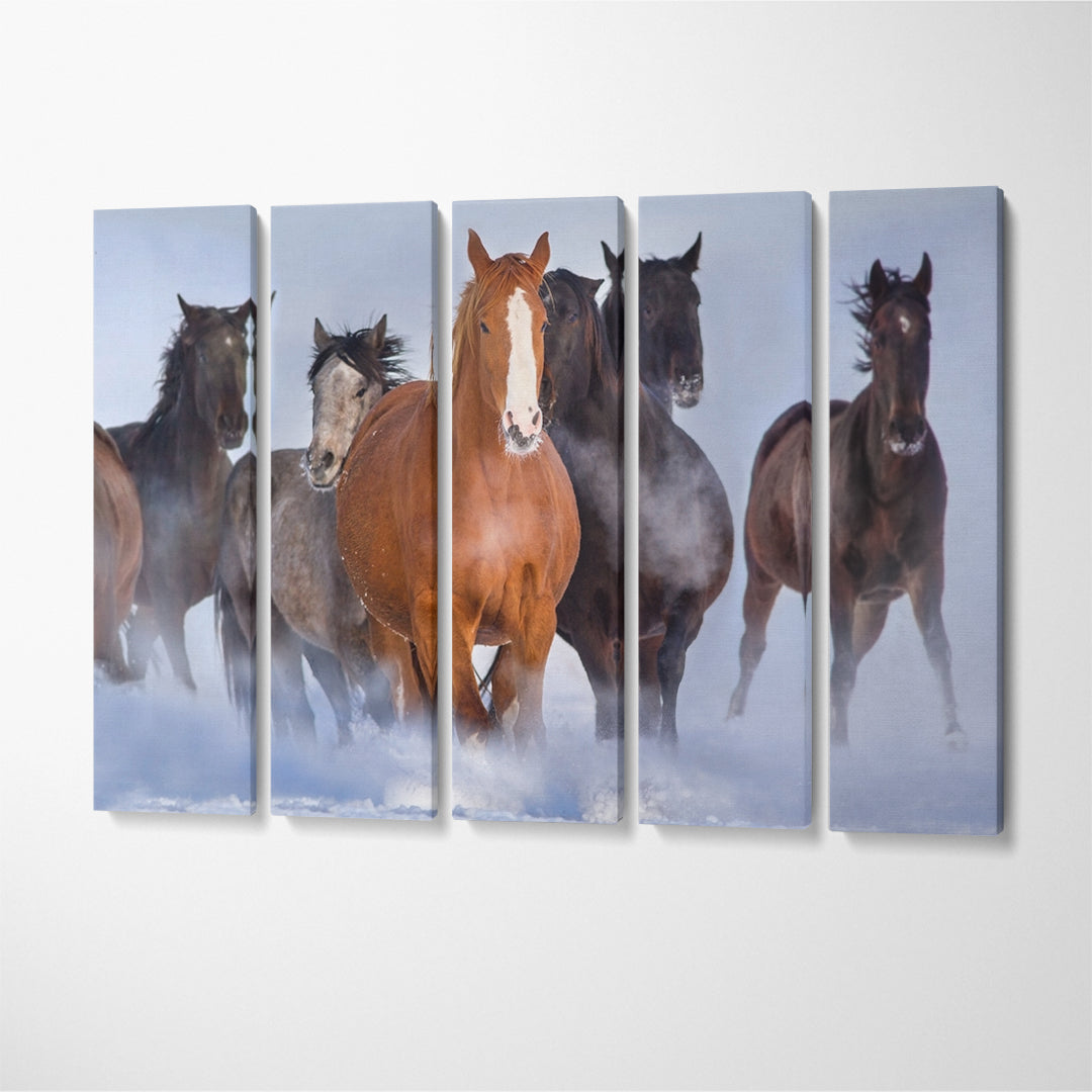 Horses Running in Snow Canvas Print ArtLexy 5 Panels 36"x24" inches 
