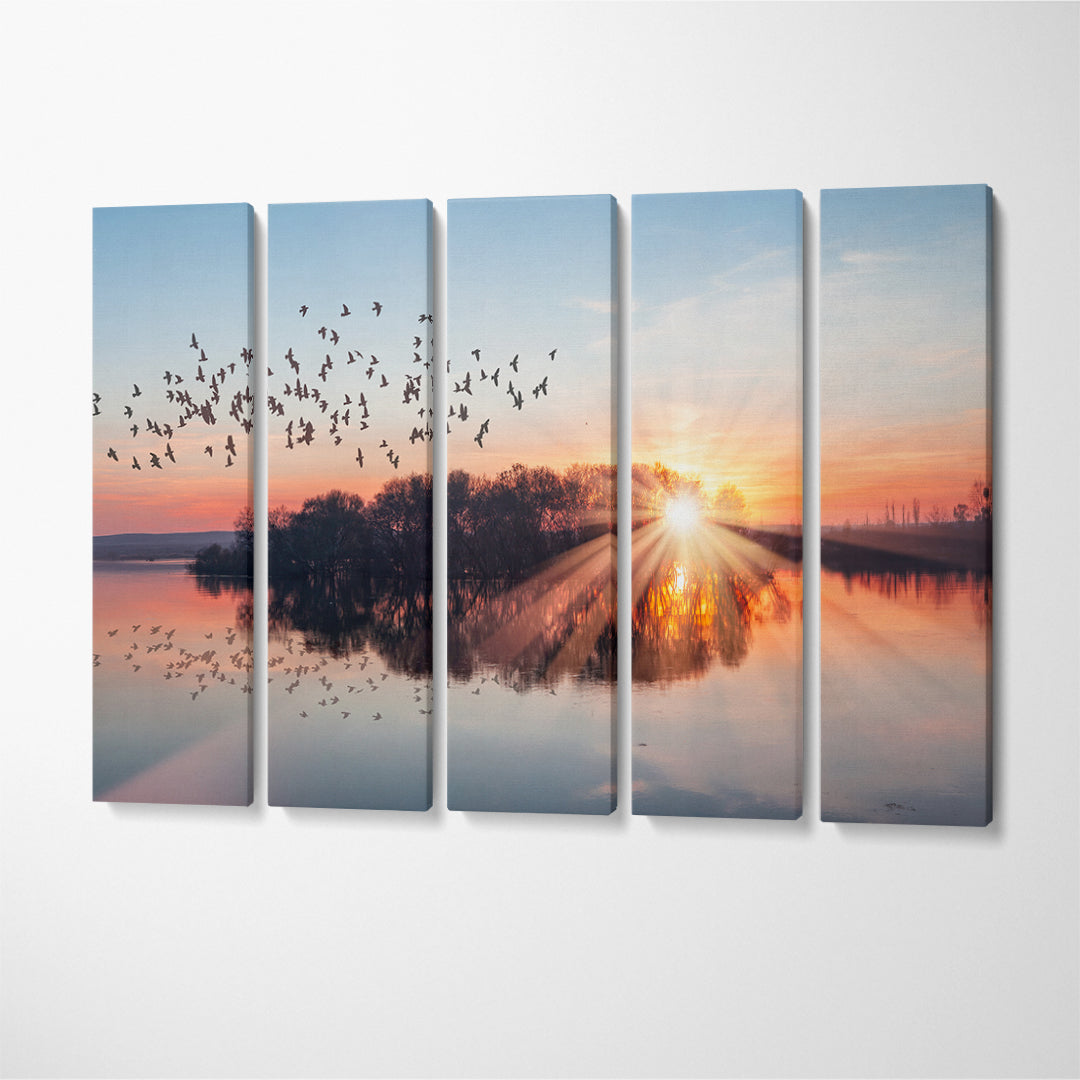 Flocks Birds Over Lake at Sunset Canvas Print ArtLexy 5 Panels 36"x24" inches 