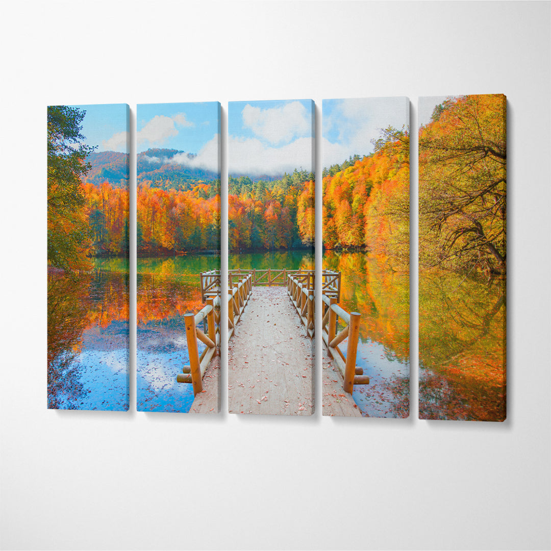 Autumn Forest Landscape with Wooden Pier in Seven Lakes Yedigoller Park Bolu Turkey Canvas Print ArtLexy 5 Panels 36"x24" inches 