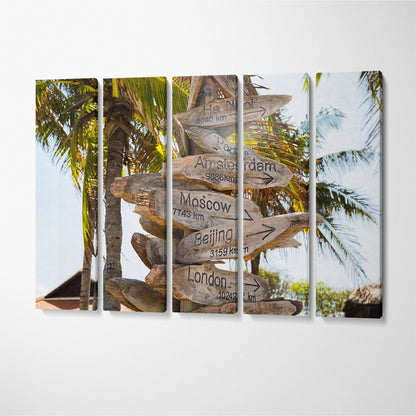 Distance Sign on Beach Canvas Print ArtLexy 5 Panels 36"x24" inches 