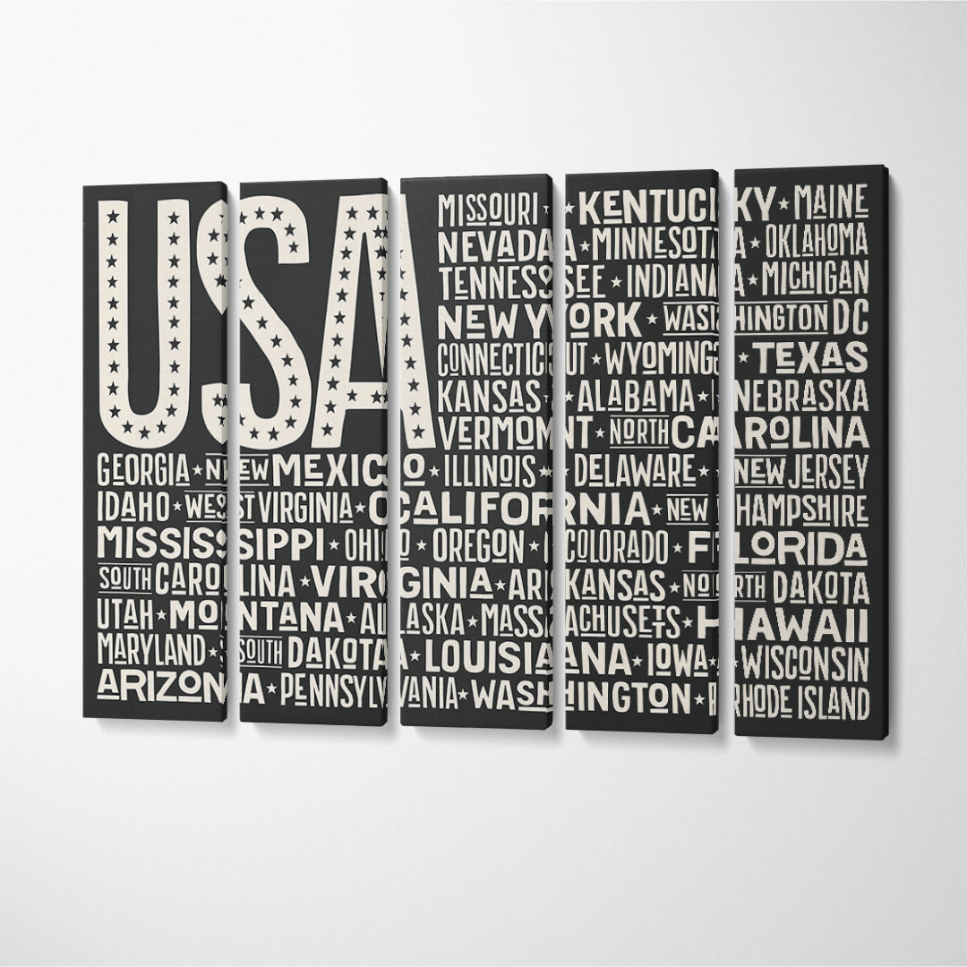 United States of America Flag with States Canvas Print ArtLexy 5 Panels 36"x24" inches 