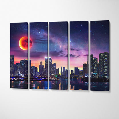 Fantasy Miami Landscape With Milky Way And Red Moon Canvas Print ArtLexy 5 Panels 36"x24" inches 